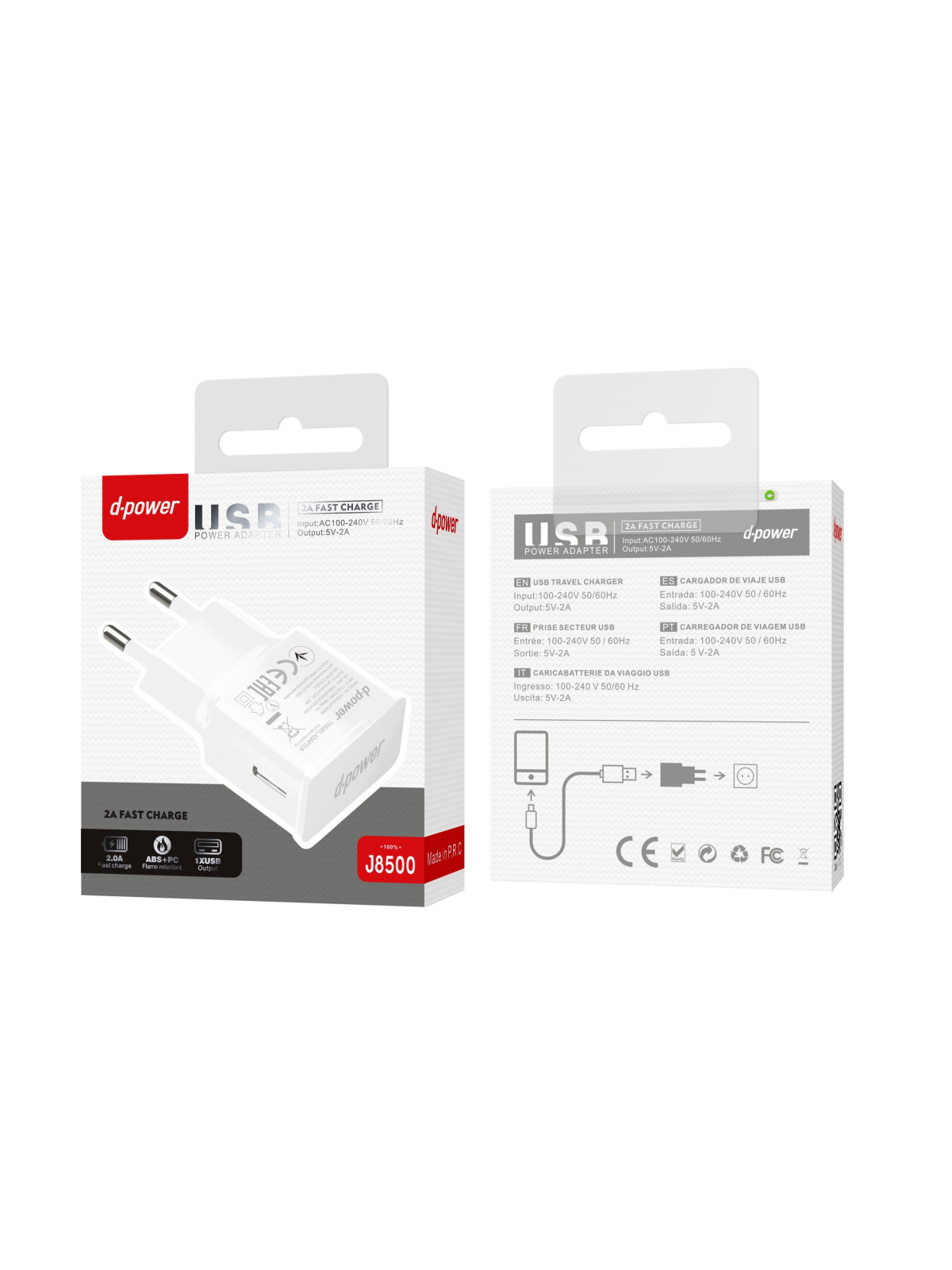 CHARGEUR SECTEUR USB 2.4A CHARGE RAPIDE J8500 - D-POWER-Ecigarettes-alavape.com