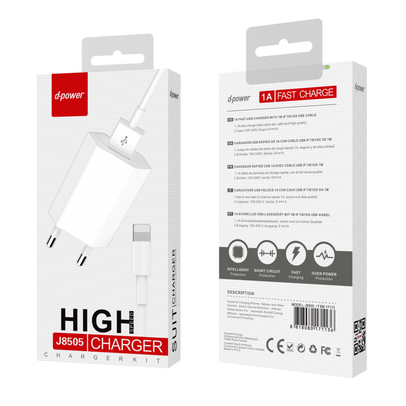 CHARGEUR SECTEUR USB + CÂBLE LIGHTNING J8505 - D-POWER-Ecigarettes-alavape.com