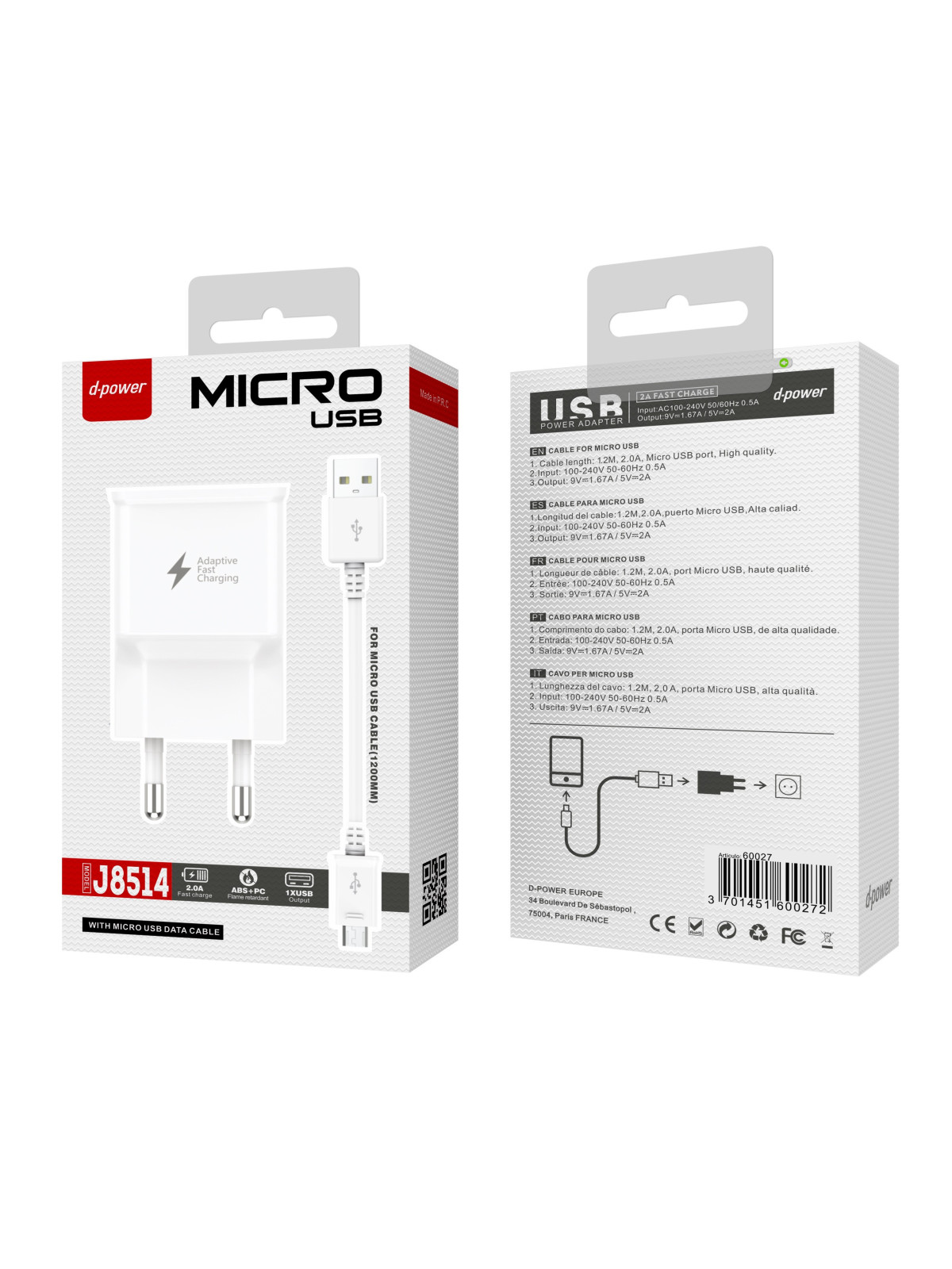 CHARGEUR SECTEUR USB + CÂBLE MICRO USB J8514 - D-POWER-Ecigarettes-alavape.com