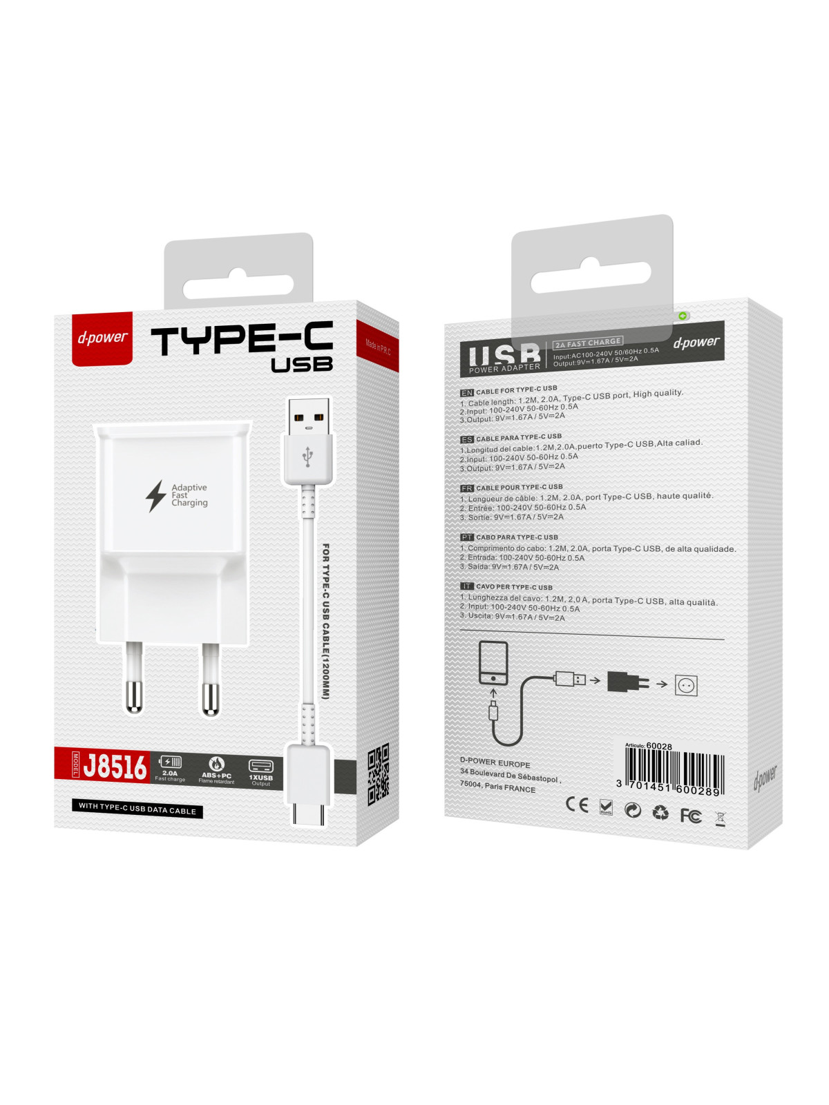 CHARGEUR SECTEUR USB + CÂBLE TYPE-C J8516 - D-POWER-Ecigarettes-alavape.com