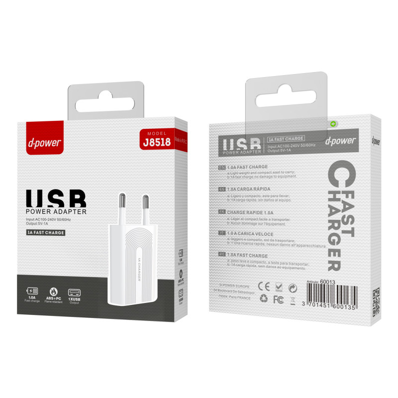 CHARGEUR SECTEUR USB 1A CHARGE RAPIDE J8518 - D-POWER-Ecigarettes-alavape.com