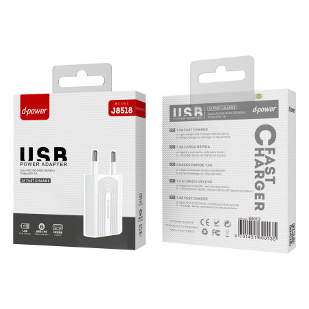 CHARGEUR SECTEUR USB 1A CHARGE RAPIDE J8518 - D-POWER-Ecigarettes-alavape.com