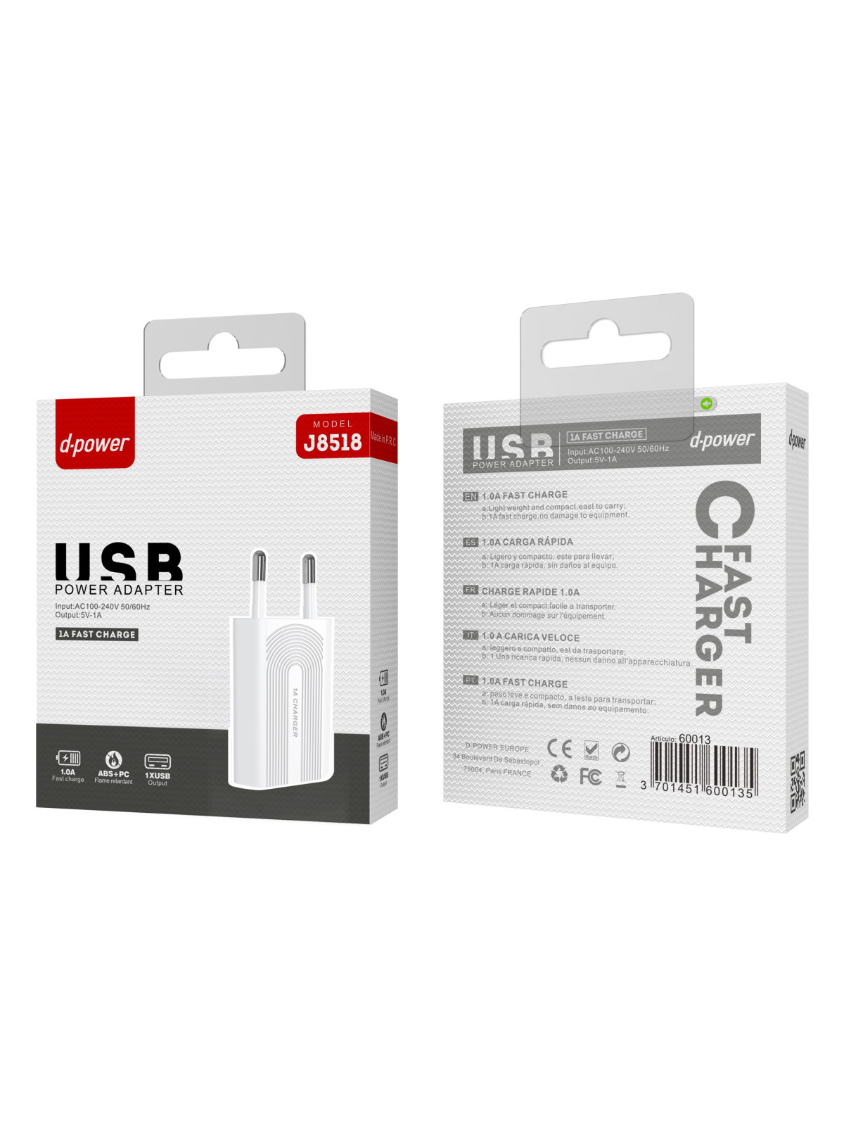 CHARGEUR SECTEUR USB 1A CHARGE RAPIDE J8518 - D-POWER-Ecigarettes-alavape.com