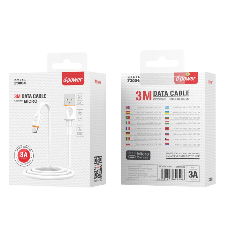 D-POWER Câble Micro USB 3M Charge Rapide 3A