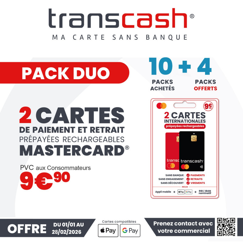 OFFRE 10+4 : Pack Duo - 2 Cartes Transcash Mastercard