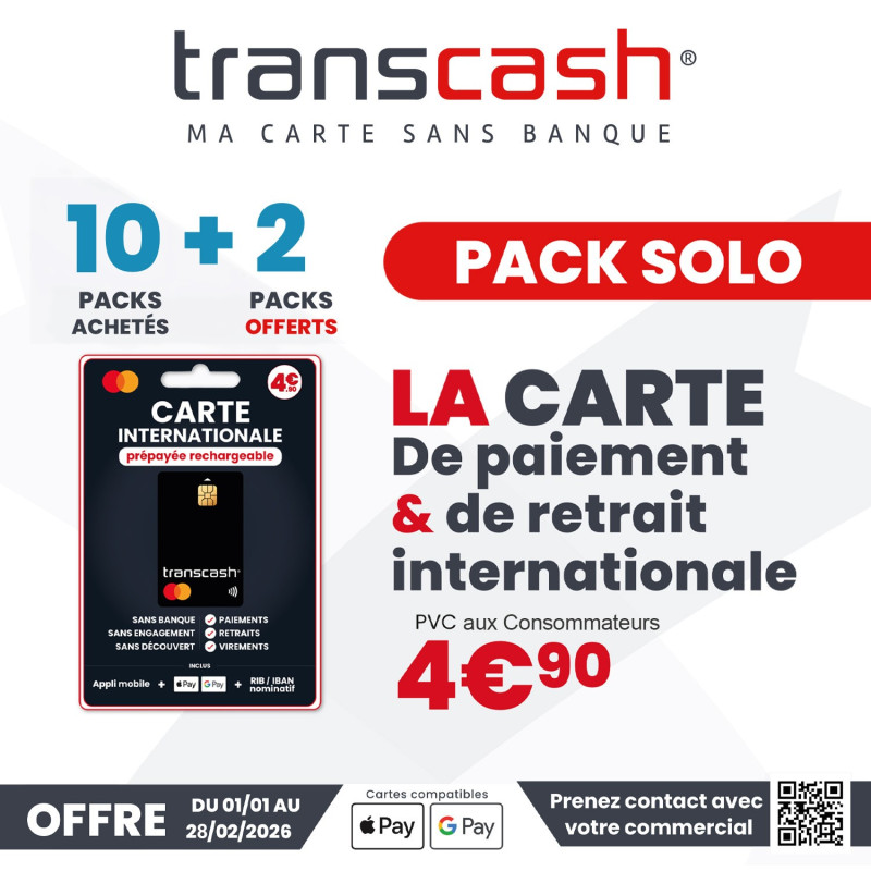 OFFRE 10+2 : Pack Solo - 1 Carte Transcash Mastercard