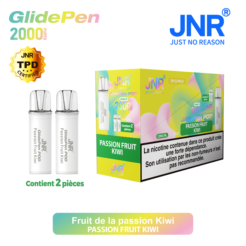 Cartouche Passion Fruit Kiwi / 2pcs 2000 PUFFS - GLIDE PEN JNR Boite de regroupement