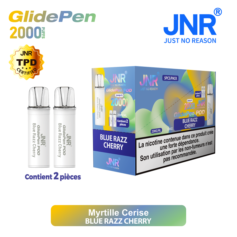 Cartouche Blue Razz Cherry / 2pcs 2000 PUFFS - GLIDE PEN JNR Boite de regroupement